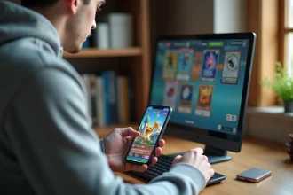 Jeune homme tenant un smartphone Android affichant une application de cartes Pokémon TCG Pocket à la maison