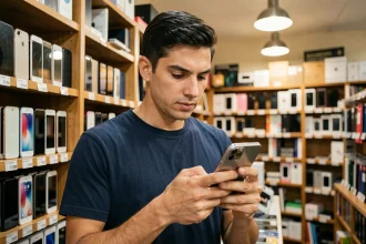 Homme inspectant un iPhone d'occasion dans une boutique de reconditionnement électronique