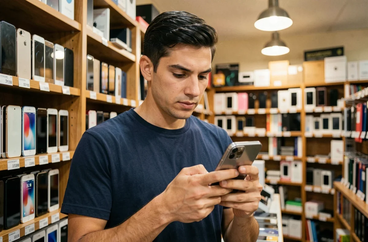 Homme inspectant un iPhone d'occasion dans une boutique de reconditionnement électronique