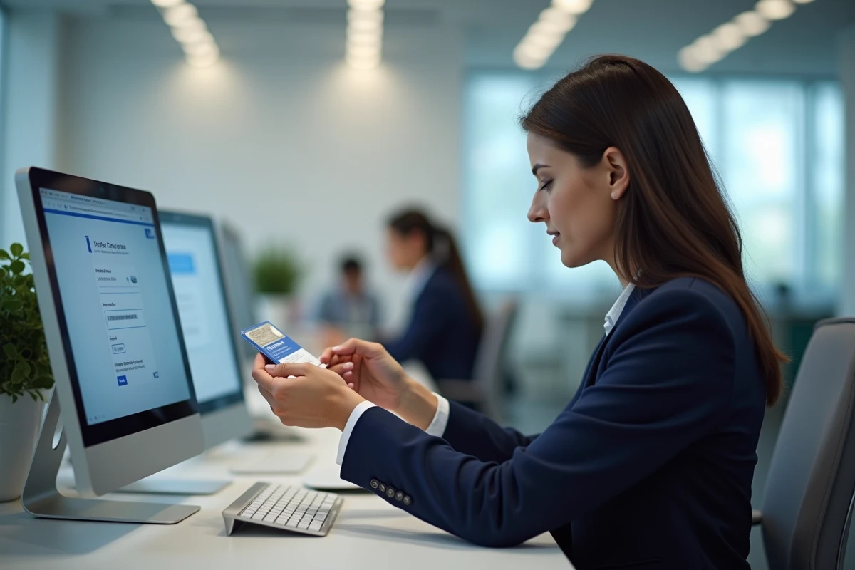 Professionnelle de santé vérifiant son badge employé avant la connexion au portail CGOS au bureau