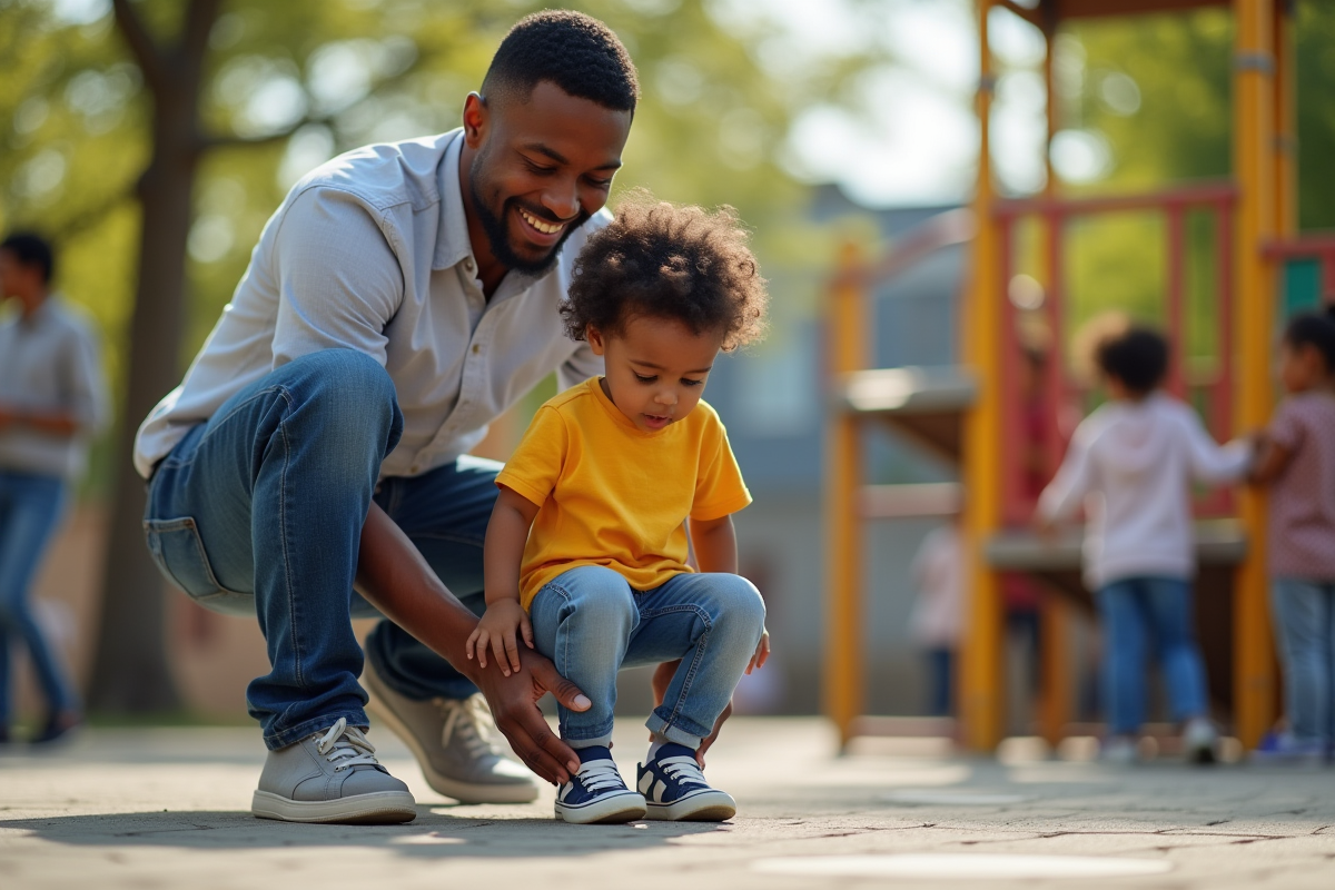 Aide d’un adulte à un enfant dans une aire de jeux