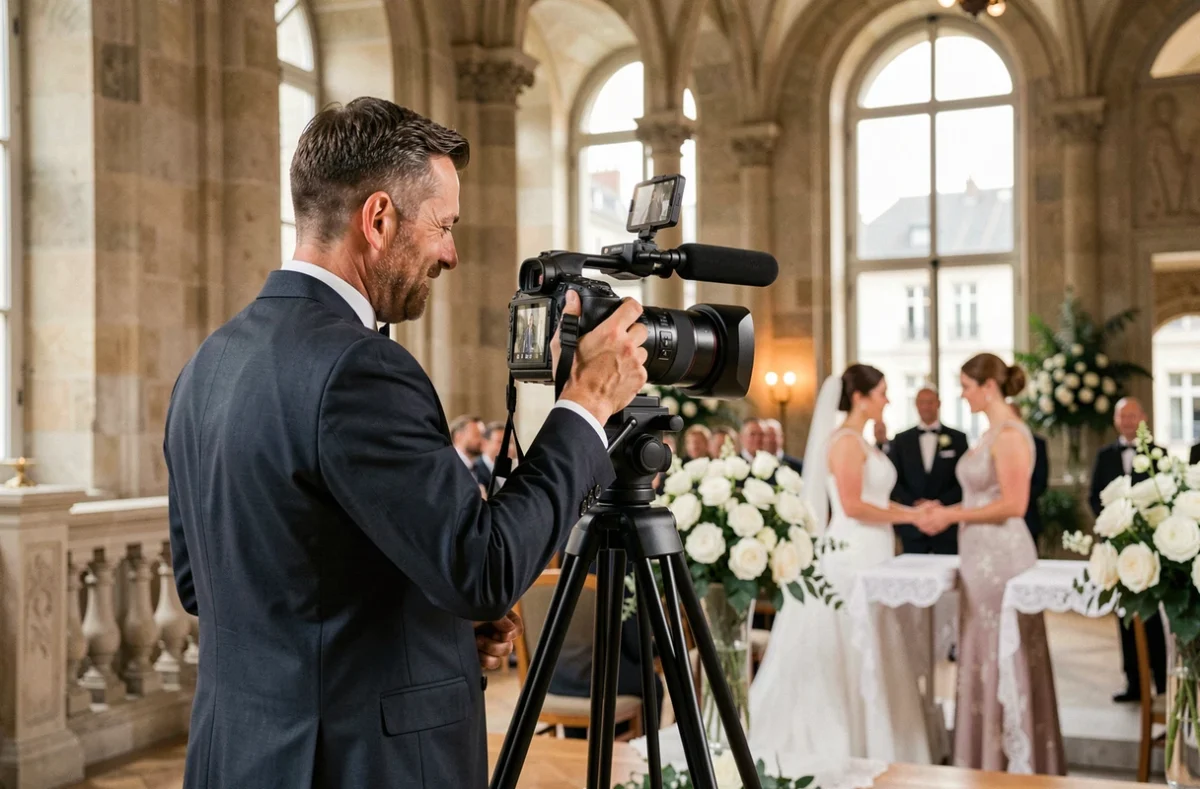 Vidéaste mariage en action lors d'une cérémonie dans une salle parisienne élégante