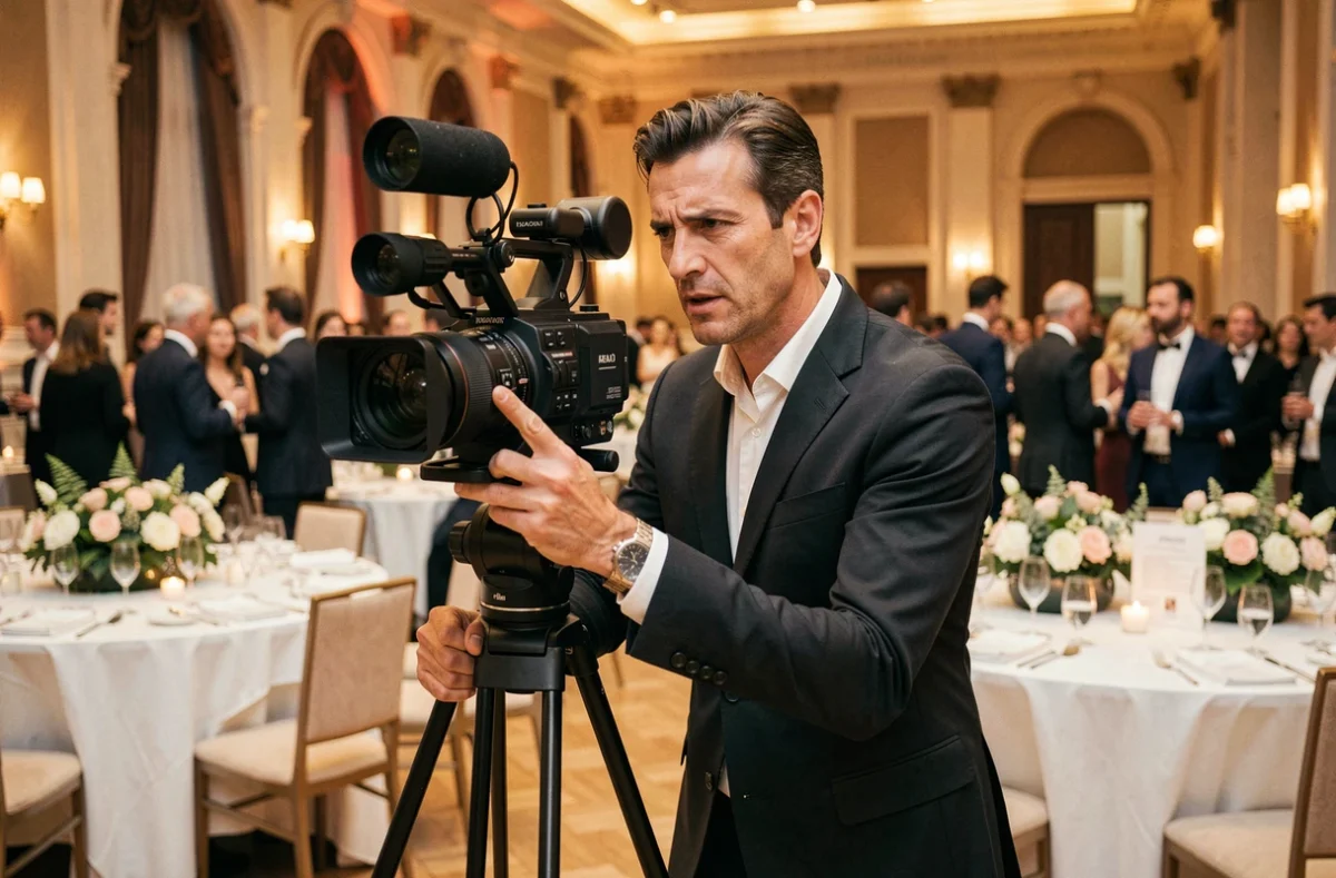 Vidéaste événementiel filmant un gala corporate dans une grande salle parisienne