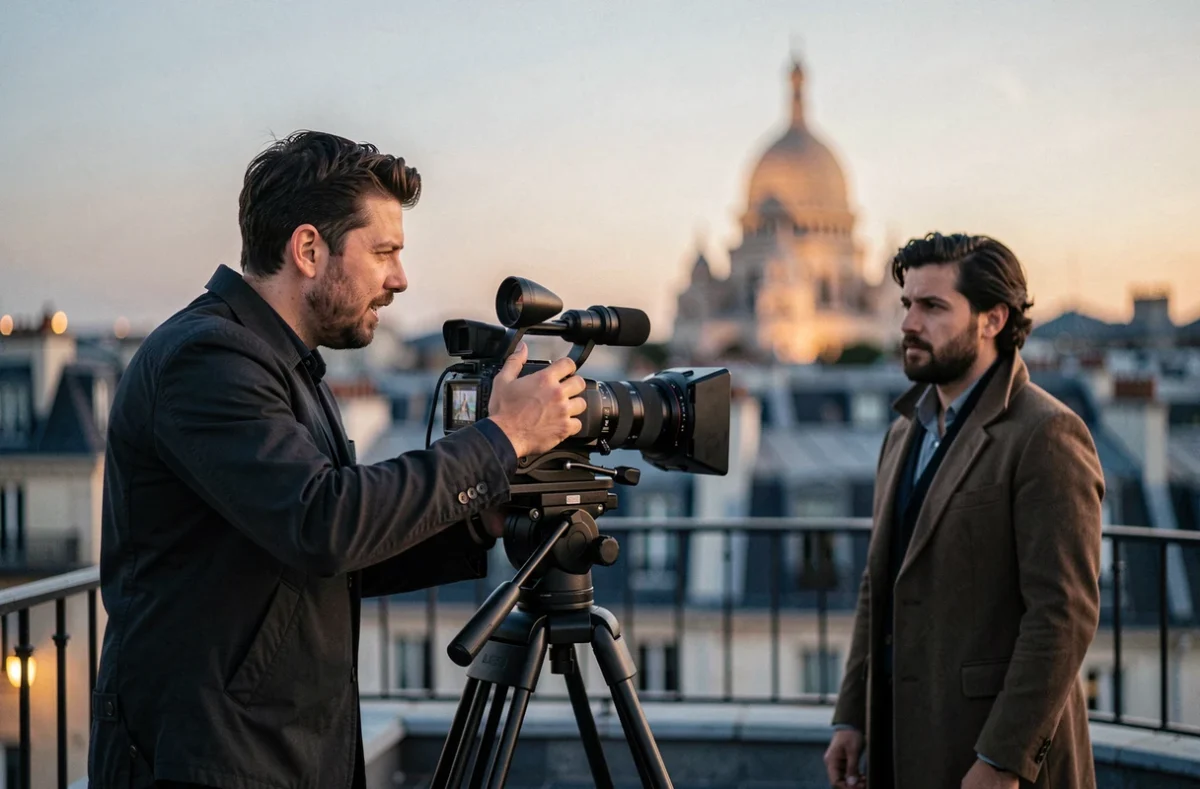 Vidéaste fiction dirigeant un tournage de court-métrage sur un toit parisien avec Sacré-Cœur en arrière-plan