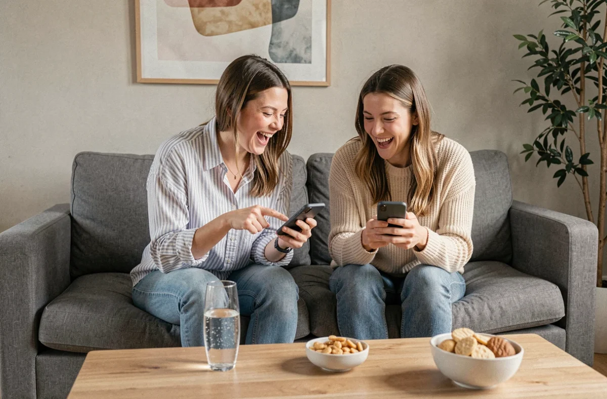 Deux amies jouant à Monopoly Go Tycoon Club sur leurs smartphones dans un salon moderne