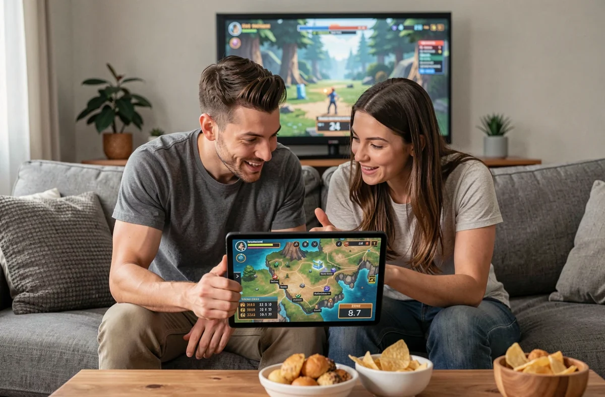 Deux amis joueurs consultant ensemble une carte de portails Dofus sur tablette dans un salon pendant une soirée gaming