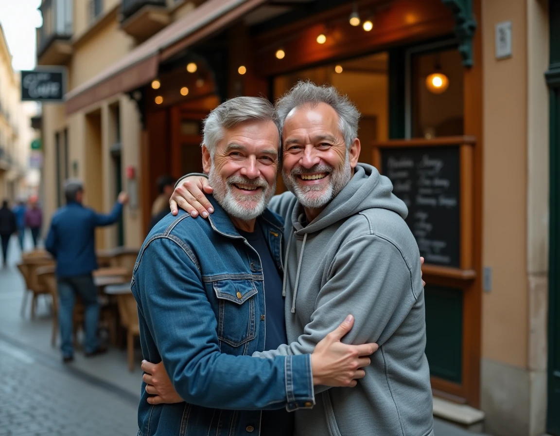 Deux amis hommes s'étreignant sincèrement devant un café de rue, exprimant une amitié profonde et authentique