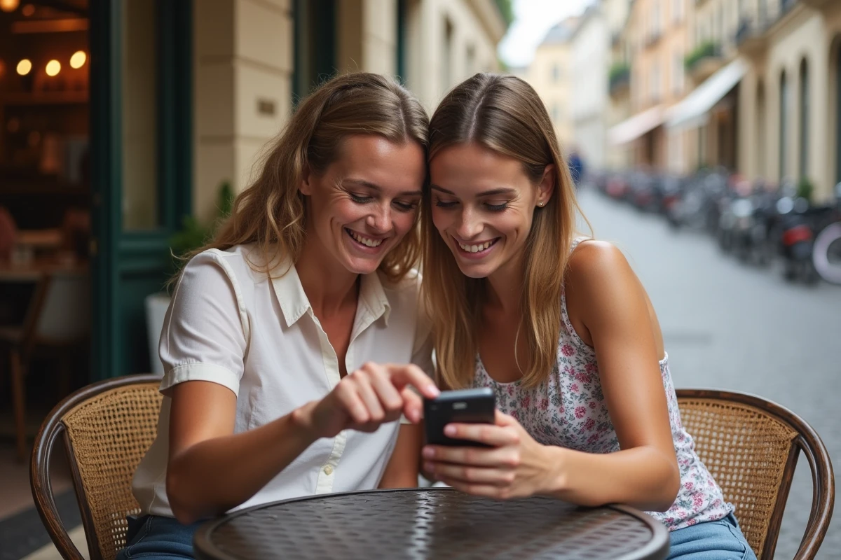 Deux amis jouant ensemble au jeu 4 images 1 mot sur smartphone en terrasse de café parisien