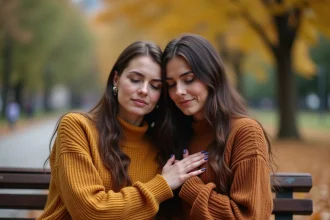 Deux amies partageant un moment d'amitié sincère et émouvant sur un banc de parc en automne