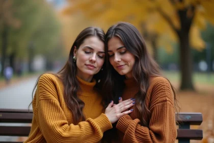 Deux amies partageant un moment d'amitié sincère et émouvant sur un banc de parc en automne