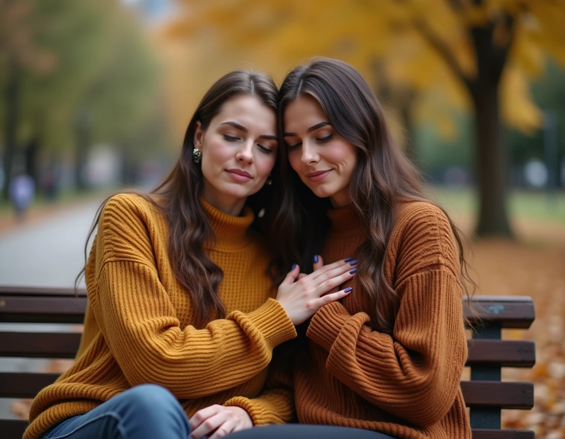 Deux amies partageant un moment d'amitié sincère et émouvant sur un banc de parc en automne
