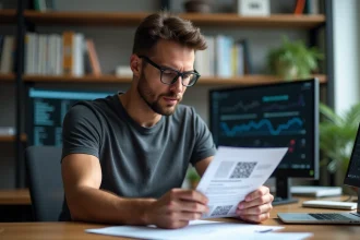 Homme analysant un document QR code à son bureau pour évaluer la sécurité et la qualité d'image de CrunchScan