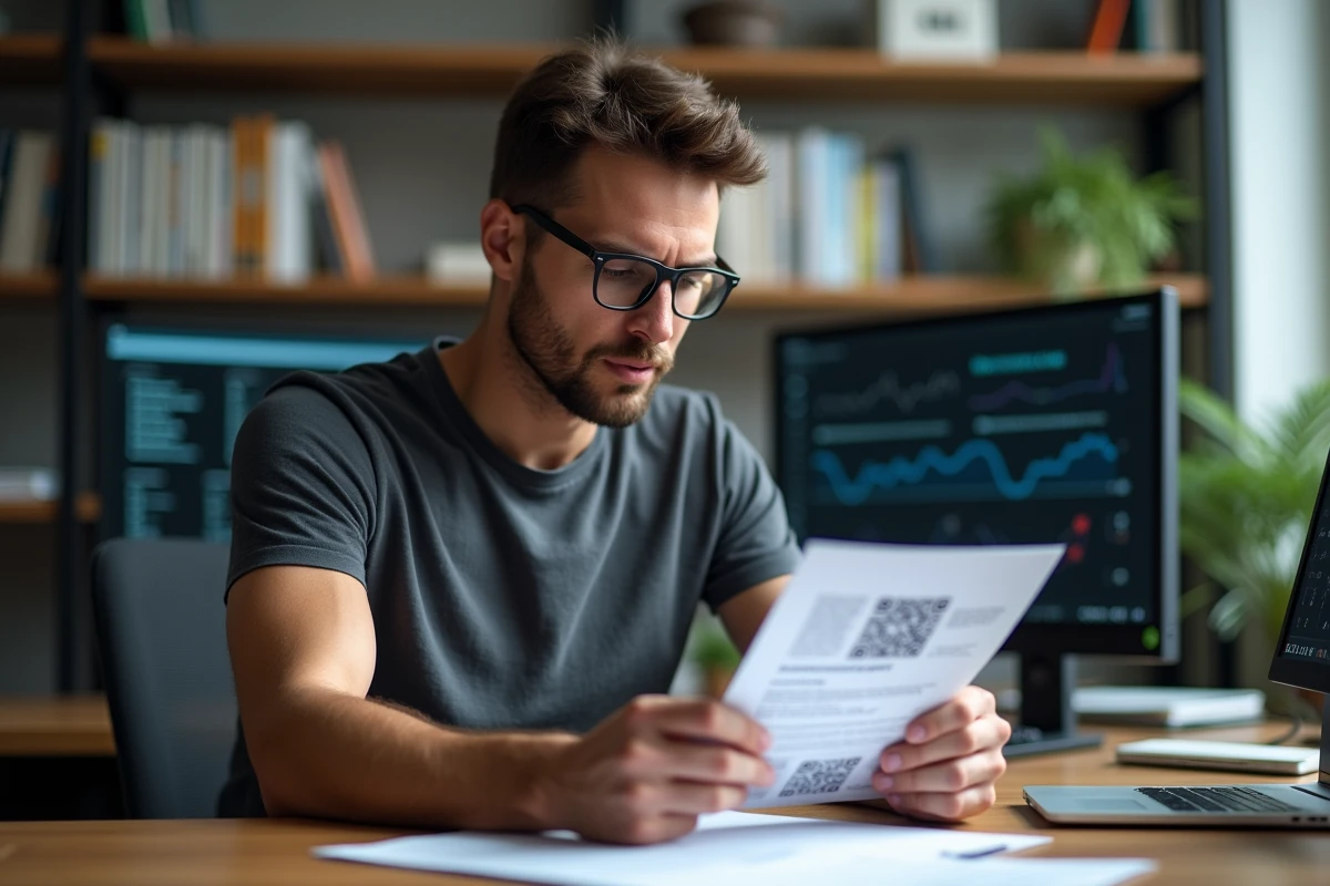 Homme analysant un document QR code à son bureau pour évaluer la sécurité et la qualité d'image de CrunchScan