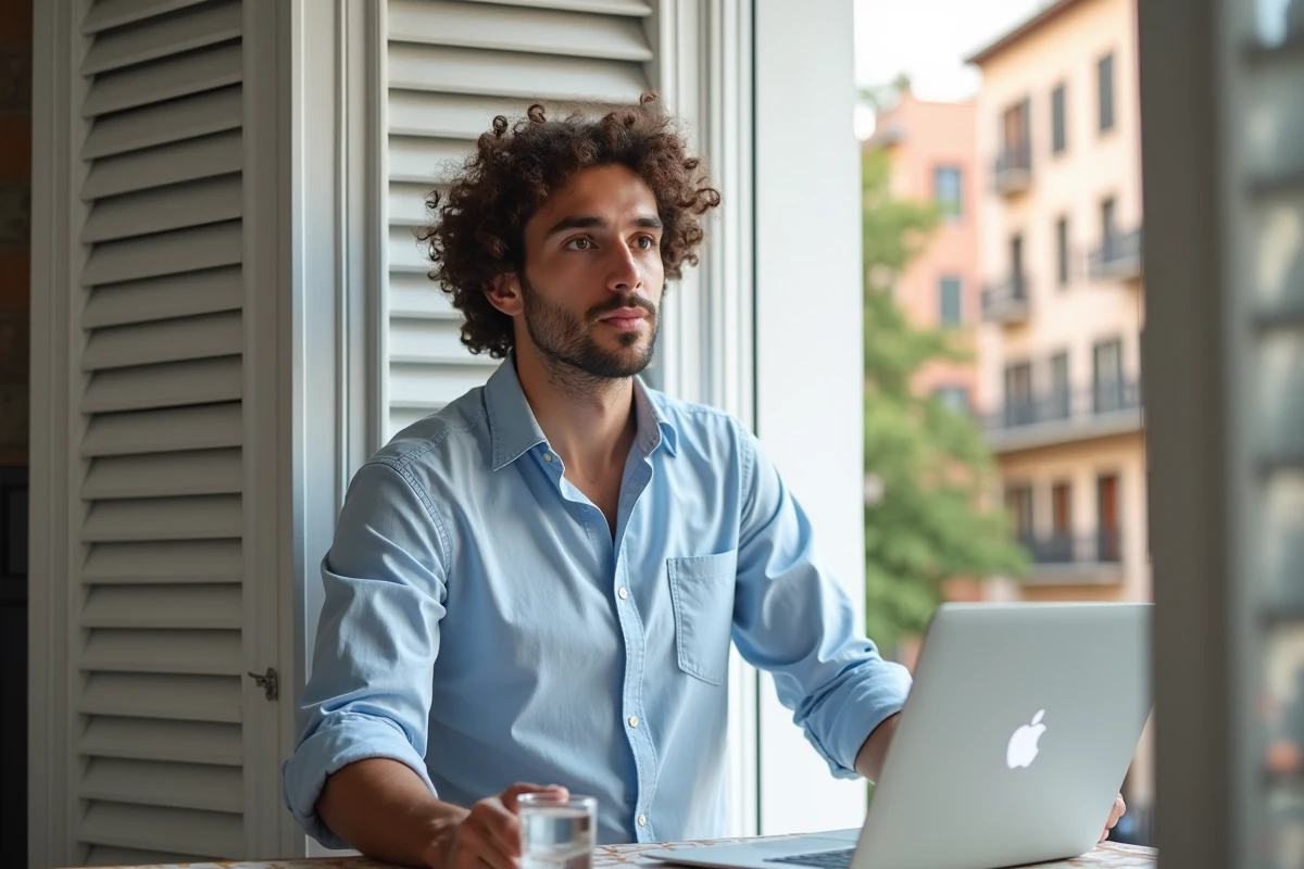 Jeune homme en télétravail dans un appartement moderne du quartier Gràcia à Barcelone