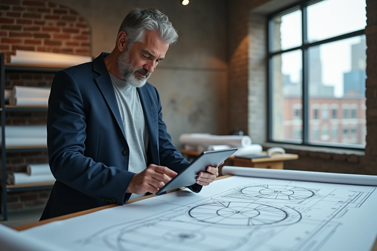 Architecte professionnel calculant la surface de cercles géométriques sur une tablette numérique devant des plans techniques dans un studio de design