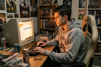 Jeune homme parcourant des archives de forums JVC 18-25 sur un écran CRT dans une chambre de gamer nostalgique