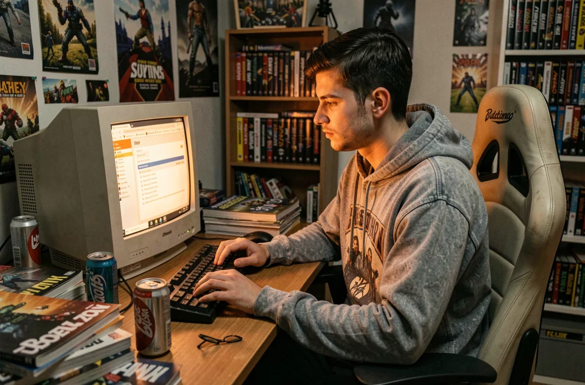 Jeune homme parcourant des archives de forums JVC 18-25 sur un écran CRT dans une chambre de gamer nostalgique
