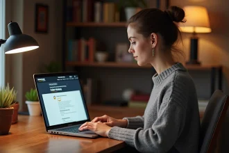 Femme archivant une commande Amazon sur son ordinateur portable dans un bureau à domicile pour protéger sa vie privée