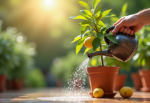 Main arrosant un citronnier en pot sur une terrasse lumineuse