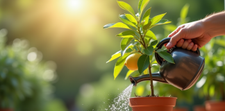Main arrosant un citronnier en pot sur une terrasse lumineuse