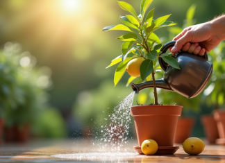 Comment réussir l’arrosage du citronnier en pot ? Main arrosant un citronnier en pot sur une terrasse lumineuse