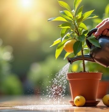 Main arrosant un citronnier en pot sur une terrasse lumineuse