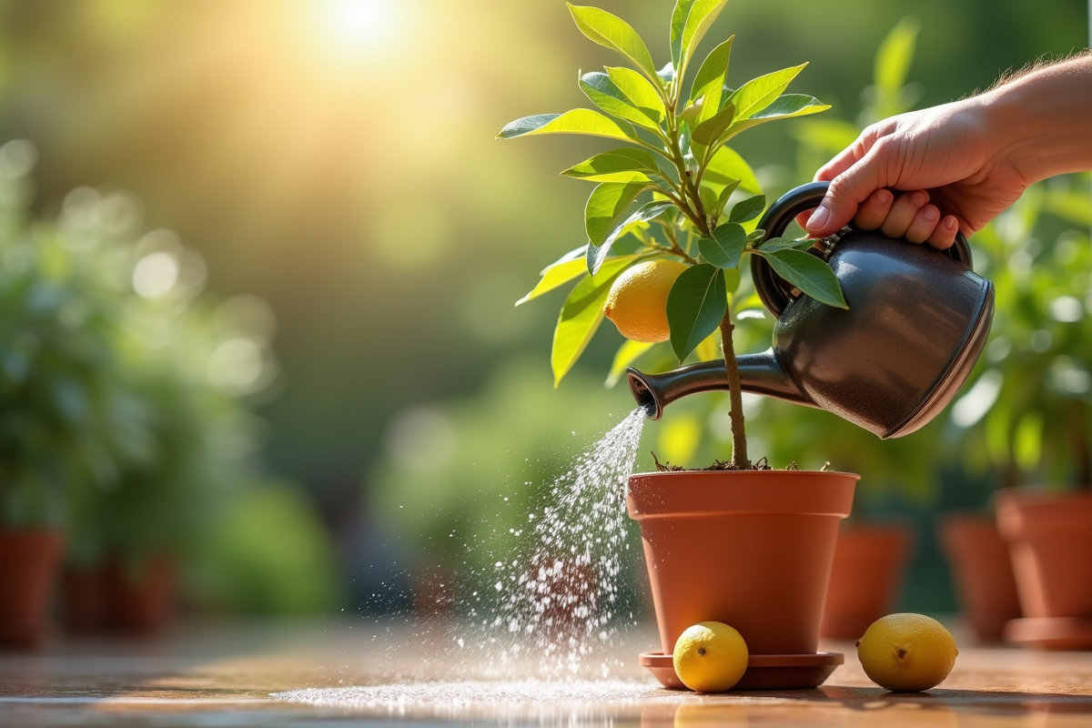Main arrosant un citronnier en pot sur une terrasse lumineuse