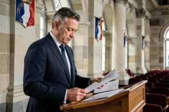 Homme politique en costume devant un pupitre dans une salle institutionnelle représentant l'article 16 de la Constitution française