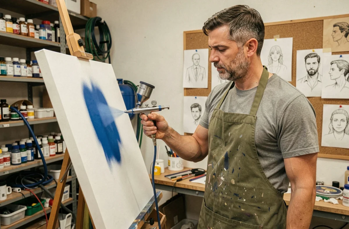 Artiste professionnel utilisant un aérographe Iwata Master pour peindre une illustration sur chevalet dans un studio de peinture