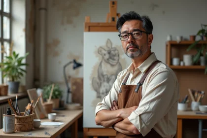 Artiste peintre en studio avec toile détaillée et ambiance moderne