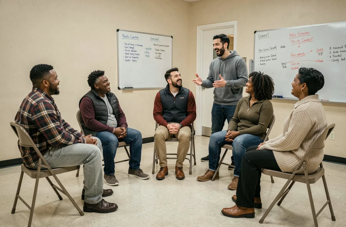 Atelier d'humour inclusif avec un groupe multiculturel d'adultes dans une salle communautaire, illustrant l'apprentissage d'un humour respectueux et partagé