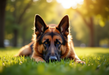 Chien berger allemand couché dans un parc ensoleille