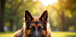 Chien berger allemand couché dans un parc ensoleille