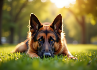 Chien berger allemand couché dans un parc ensoleille