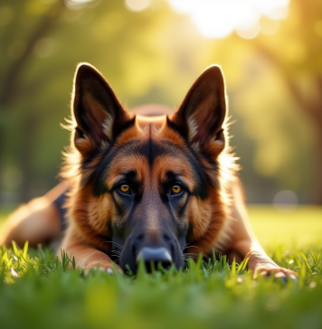 Chien berger allemand couché dans un parc ensoleille