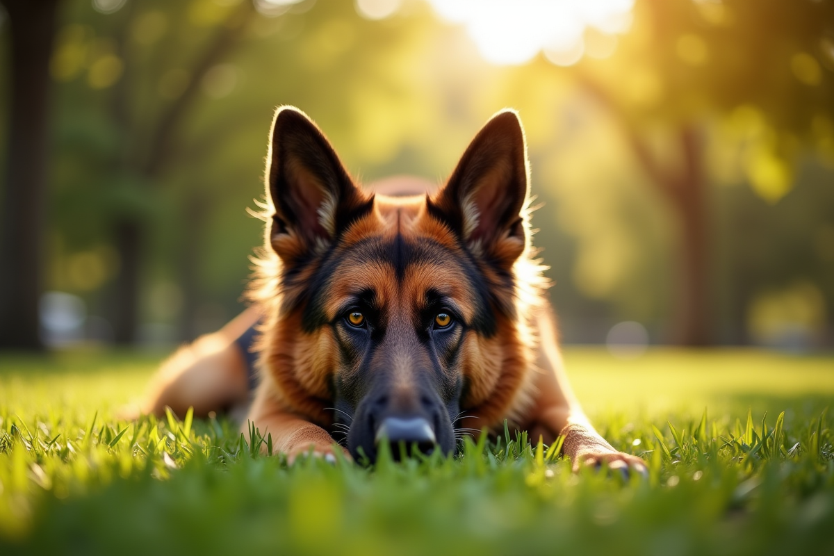 Chien berger allemand couché dans un parc ensoleille