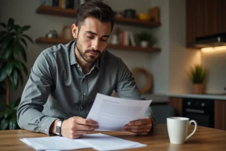Homme portant un bracelet électronique à la cheville consultant des documents juridiques sur une remise de peine à son domicile