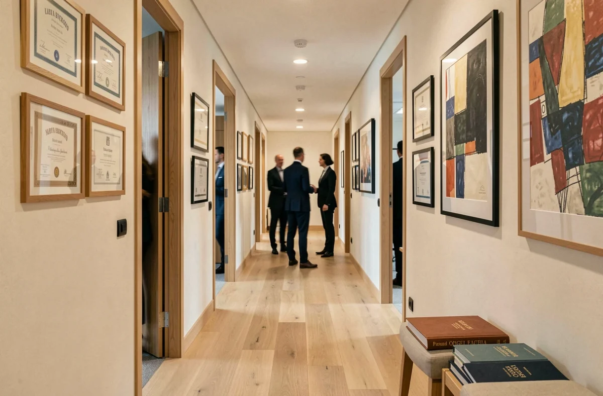 Cabinet Lentali Pietri Ducos à Porto-Vecchio, couloir professionnel d'une société d'avocats avec bureaux ouverts et cadres de certificats juridiques