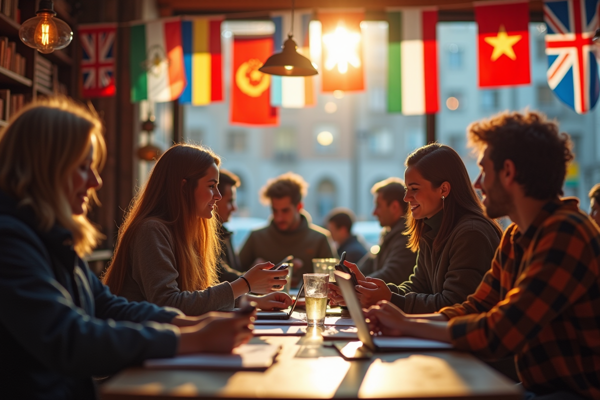 Café animé avec clients de différentes nationalités échangeant avec tablettes et notes