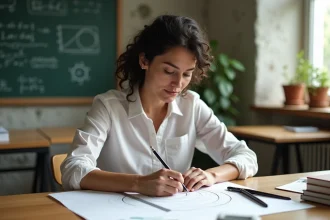 Femme calculant la surface d'un cercle avec compas et règle sur du papier millimétré dans une salle d'étude universitaire