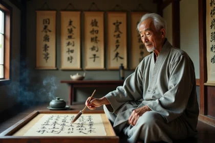 Vieil homme chinois en robe de lin gris pratiquant la calligraphie traditionnelle dans une maison de thé en bois, illustrant la sagesse des proverbes chinois