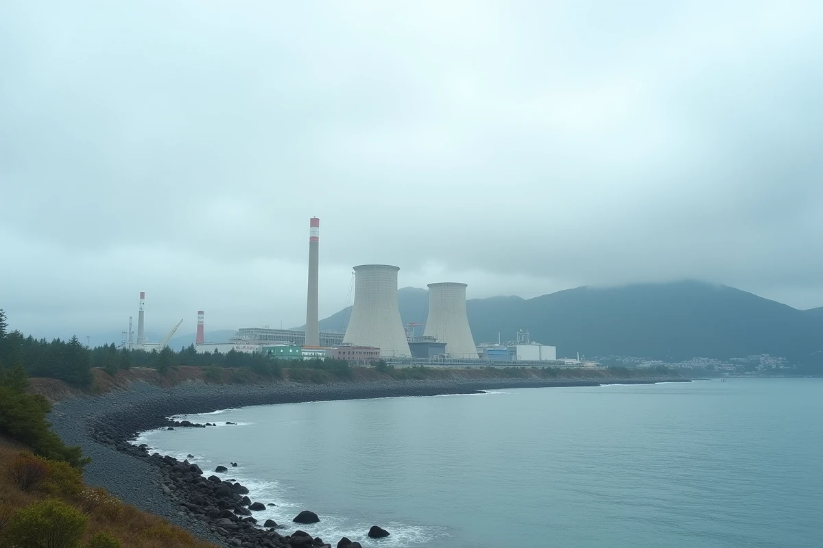 Vue extérieure d'une centrale nucléaire côtière au Japon illustrant les risques sismiques et tsunamis dans la région de Tohoku en 2026