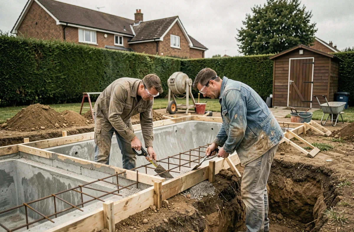 Ouvriers spécialisés en train de construire une piscine collective dans un jardin résidentiel avec armatures et coffrages
