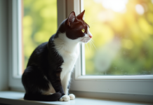 Chat noir et blanc sur une fenêtre ensoleillée