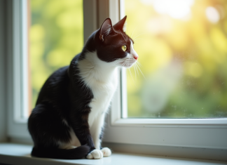 Chat noir et blanc sur une fenêtre ensoleillée