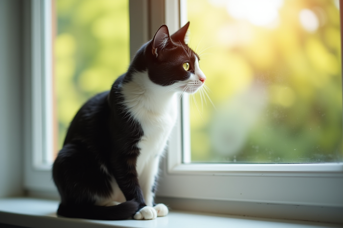 Chat noir et blanc sur une fenêtre ensoleillée