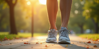 Vue de près de chaussures modernes en marche dans un parc ensoleille