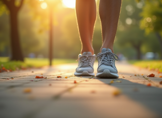 Vue de près de chaussures modernes en marche dans un parc ensoleille