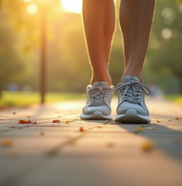Vue de près de chaussures modernes en marche dans un parc ensoleille