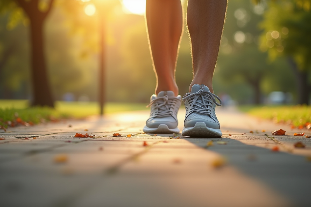 Vue de près de chaussures modernes en marche dans un parc ensoleille